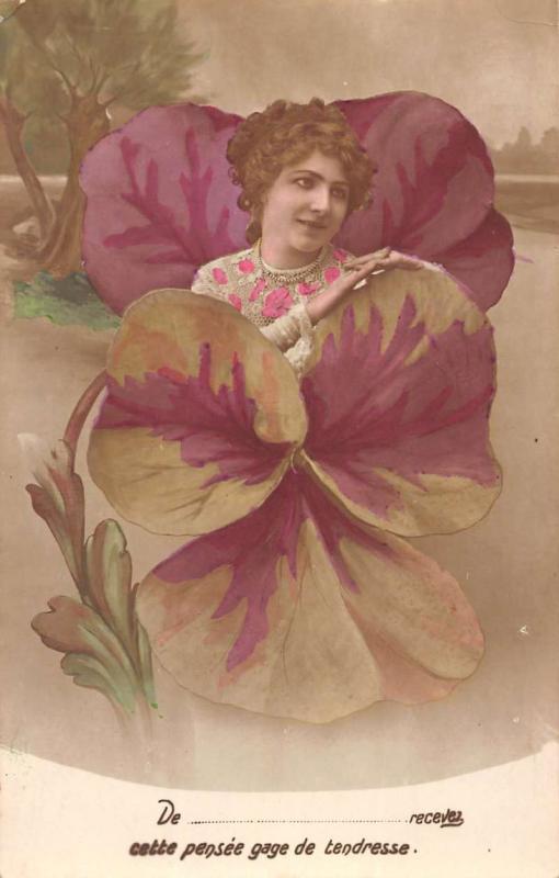 Pansy Flower Fantasy Woman Tinted Real Photo Antique Postcard K61318