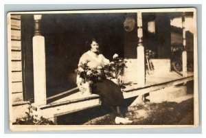 Vintage 1900's RPPC Postcard Woman with Roses Sitting on Porch