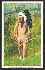 Cherokee NC Primitive Hunter Indian with Bow and Arrow Linen Postcard