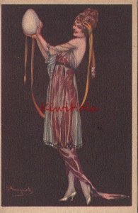 Postcard Artist Signed Woman Holding Giant Egg