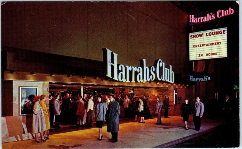 RENO, NV Nevada  HARRAH'S CLUB Casino Outside at NIGHT   c1950s  Postcard
