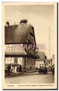 Old Postcard Hunspach The school and its Storks nest and restaurant M Billmann