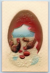 Easter Postcard Greetings Hatched Egg Rooster Bunny Rabbit Airbrushed c1910's