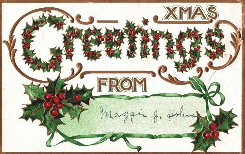 VINTAGE POSTCARD CHRISTMAS GREETINGS GOLD FOIL BORDER SIGNIFICANT FAULTS AS-IS