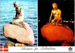 Postcard Denmark Copenhagen Little Mermaid statue day and night view