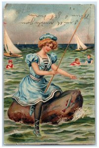 c1905 Pretty Woman Sat On Big Rock Fishing Cached Fish Boats Antique Postcard