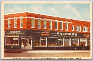 Postcard Dunneville Ontario c1974  Kneider’s China Woollens and Sportswear Shop