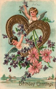 Birthday Greetings Two Child Angels Flowers Heart Embossed Vintage Postcard 1911