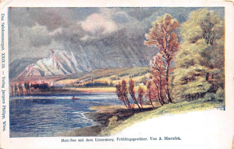 B93923 mat see mit dem untersberg fruhlingsgewitter von a hlavacek litho austria