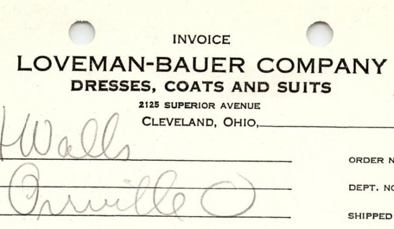 1938 LOVEMAN-BAUER CO. CLEVELAND OH DRESSES COATS SUITS BILLHEAD INVOICE Z1072
