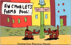 Postcard MO Warrenton comic - Two dogs lampost - Aw C'mon Let's Form a Pool
