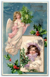 c1910s Christmas Greetings Floating Angel Holly Berries Cadillac MI Postcard 