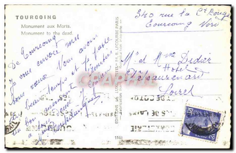 Modern Postcard Tourcoing War memorial Militaria