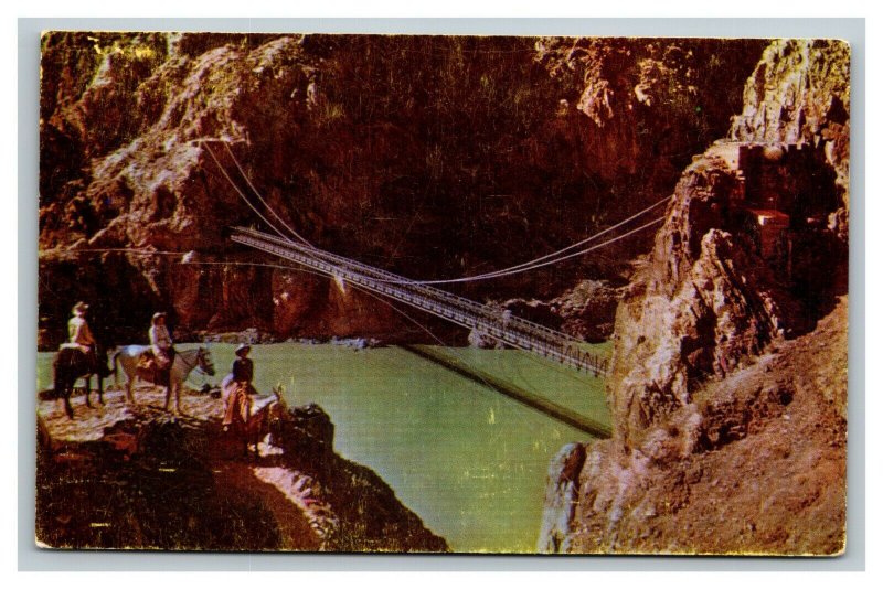 Vintage 1950's Postcard Horseback Riders Kaibab Suspension Bridge Grand Canyon