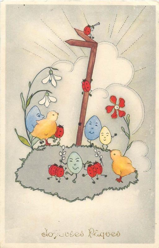 Easter fantasy postcard ladybugs chicks metamorphic dancing eggs snowdrops