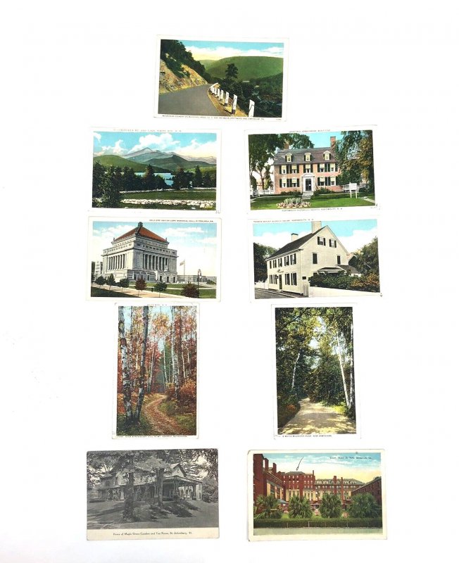 9 Vintage Postcards , N.H. , P.A. , Vermont Mass. Phostint Unused Colored 