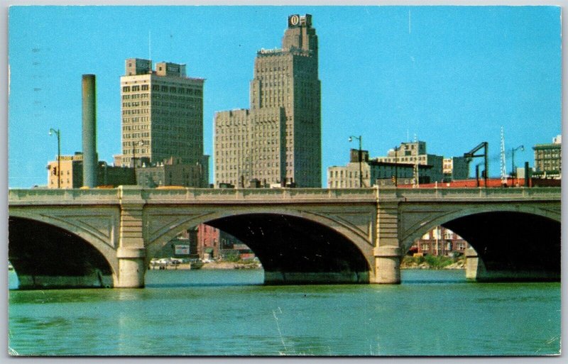 Vtg Toledo Ohio OH City Skyline Cherry Street Bridge 1950s View Postcard
