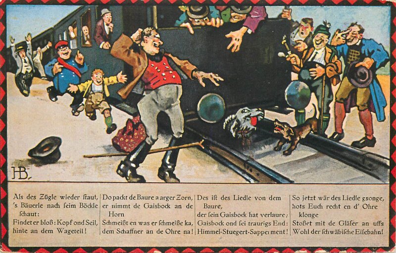 On the Swabian railway postcard goat train accident caricature Germany 1935