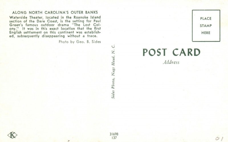 Vintage Postcard View of Waterside Theater Roanoke Island North Carolina N. C.