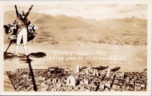 Vancouver BC Captain Vancouver Invites You Aerial View Scarce RPPC Postcard H27