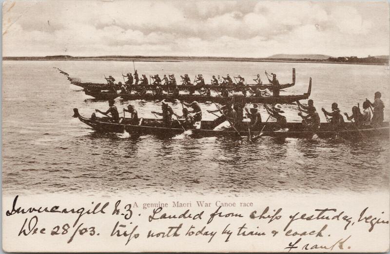 Maori War Canoe Race NZ New Zealand c1903 Stamp Muir & Moodie Postcard E56