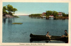 Postcard ON Brockville Thousand Islands Two Women in Canoe Cottages 1940s K60