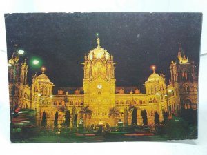 Victoria Terminus VT Railway Station Lit Up at Night Vintage Postcard