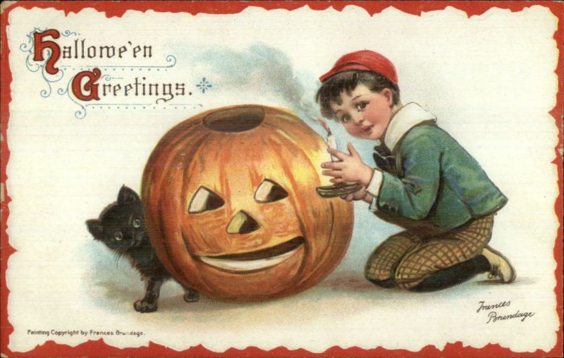 Halloween Little Boy JOL Black Cat Frances Brundage c1910 Postcard VG-EXC COND