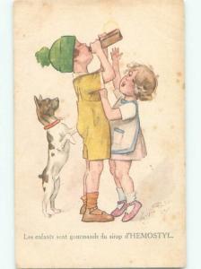 foreign c1910 signed DOG AND GIRL WANT BOTTLE FROM BOY AC5250