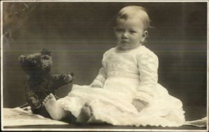 Sweet Baby & Teddy Bear Toy Guiseley Studio c1910 Real Photo Postcard