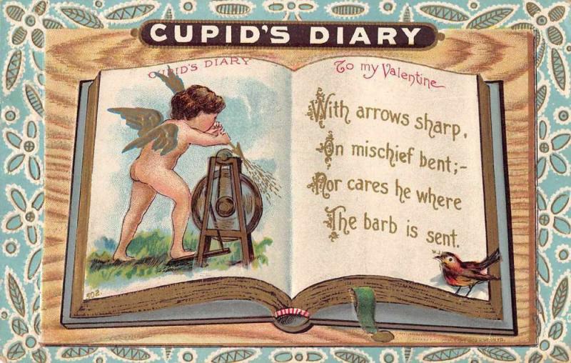 Valentine greeting Cupids Diary sharpening arrows bird antique pc Z17686