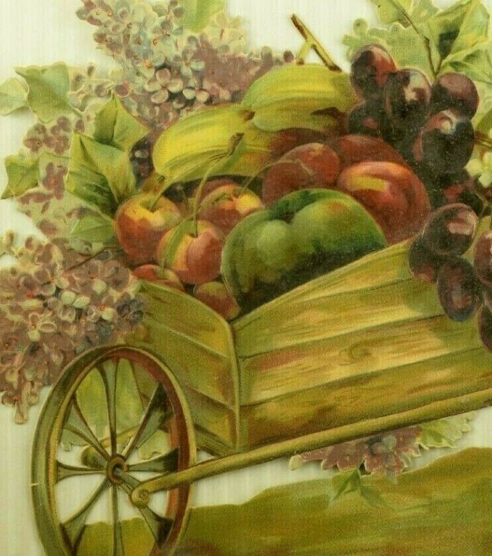 1880's Large Die-Cut Fruit & Flowers Wheel Barrow Fab! 7N