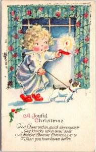 Postcard Xmas Joyful Christmas - Girl in red shoes with candle and dog glitter