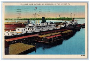 1942 Harbor Scene Showing M & M Steamships And Pier Norfolk Virginia VA Postcard 