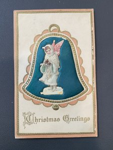 Christmas Angel Child On Plush Silk Bell Novelty c1910 Postcard