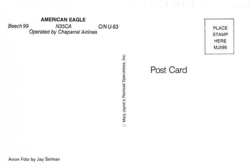 Airplane Postcards       American Eagle    Beech 99      N35CA     c/n  U-93  