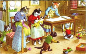 MAINZER Dressed Cats #4859 KNITTING~BABY~BOTTLE Anthropomorphic BELGIUM Postcard