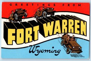 Wyoming Postcard Greetings Fort Warren Banner Large Letters 1940 Vintage Antique