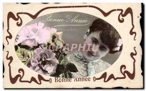 Old Postcard Fancy Happy New Year Woman and flowers