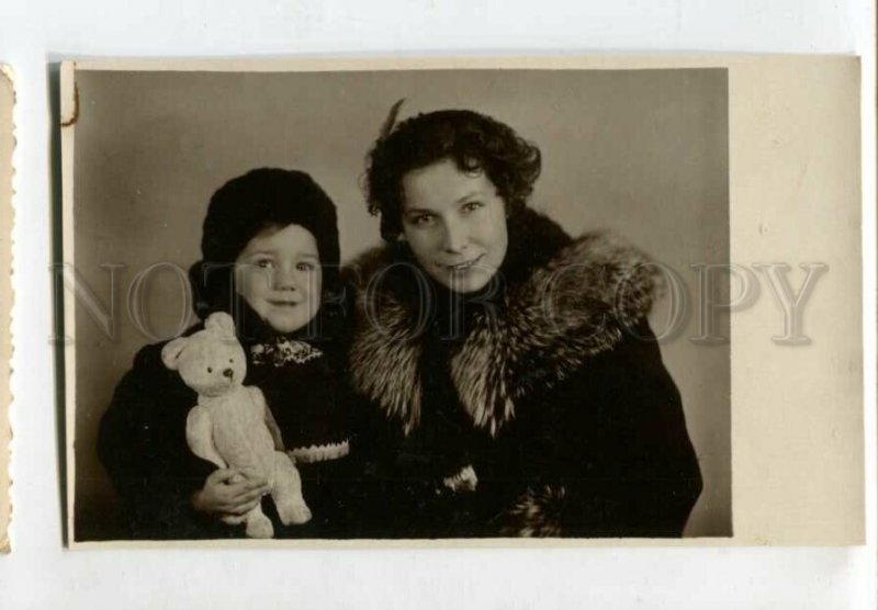 3129468 Mom Girl & White TEDDY BEAR Toy Old Russian REAL PHOTO