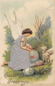  Angel felt wings clothes willow, lamb colored eggs Easter postcard AE79