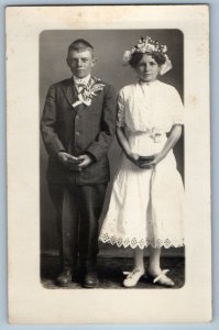 c1910's Young Boy And Girl Coronation Studio RPPC Photo Antique Postcard