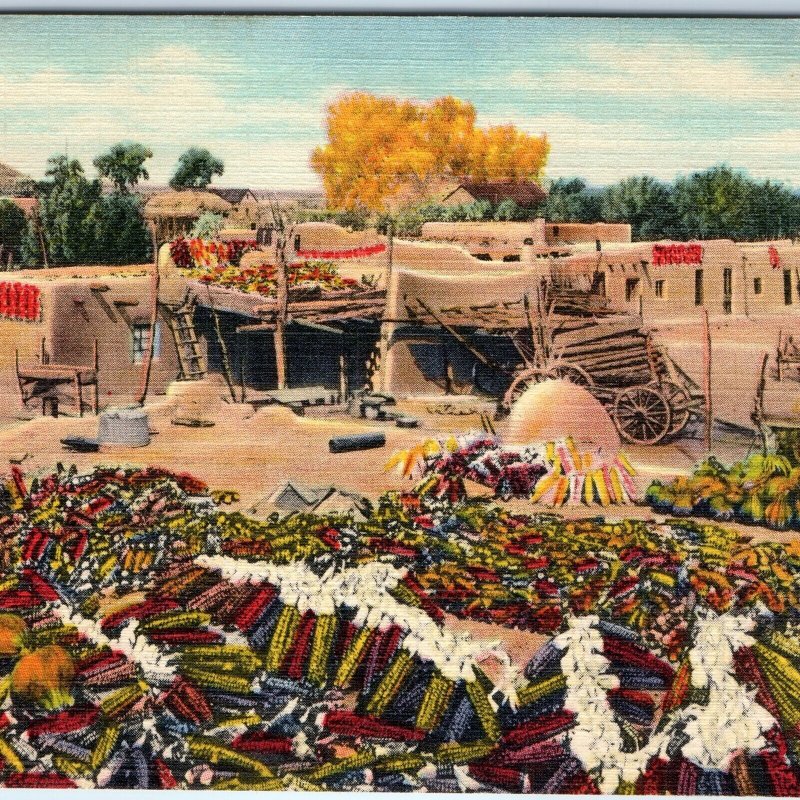 c1940s Santa Clara, NM Indian Pueblo Corn Town Harvest Linen PC Nr Espanola A329