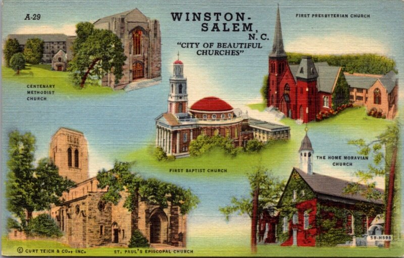 Linen Postcard City of Beautiful Churches Winston-Salem, North Carolina