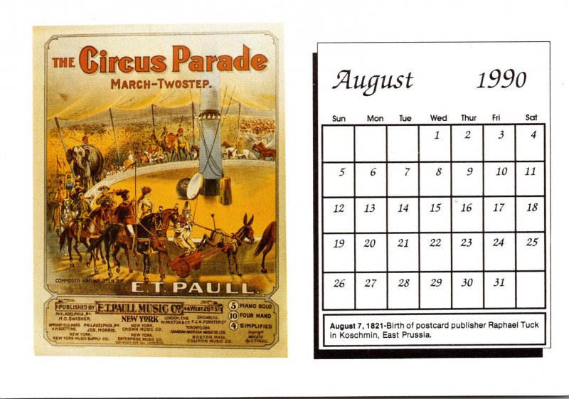 1990 Sheet Music Calendar Series August The Circus Parade March Two Step