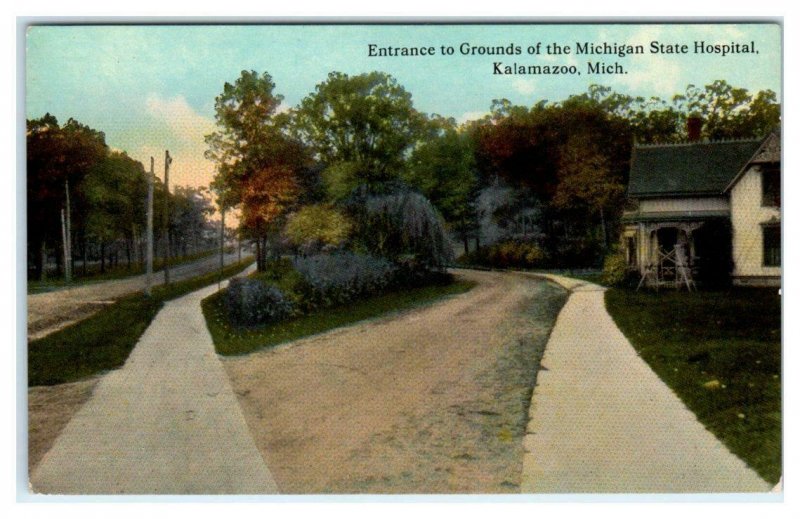 KALAMAZOO, MI ~ Grounds Entrance MICHIGAN STATE HOSPITAL Asylum 1910s Postcard