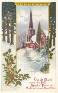 Christmas Postcard Old Church Upon the Hill Poem w/Church, Gibson Art Co Unused