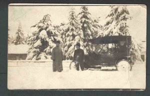 Ca 1908 RPPC* Old Car In Snow W/2 Men Outside Mint Has Bend & Wear