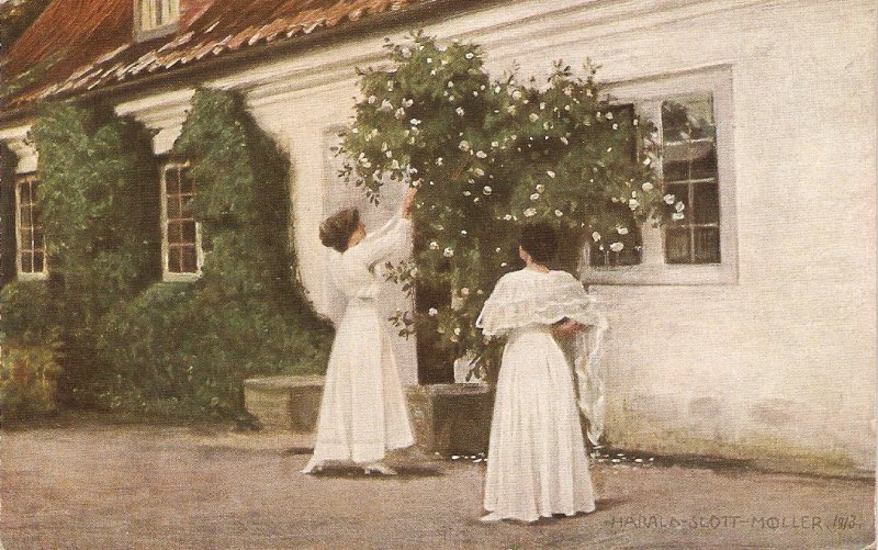 hH.Slott-Moller. Ladiesgetting whire roses Fine painting, vintage German postc