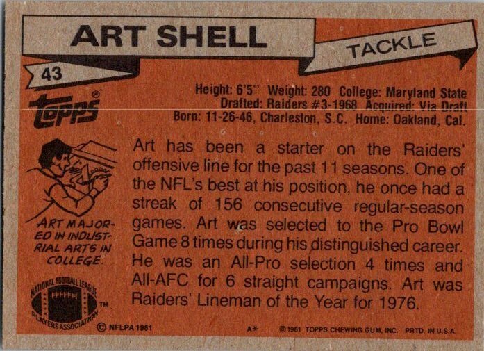 1981 Topps Football Card Art Shell Oakland Raiders sk10390